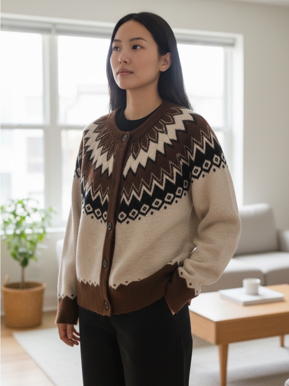 Joie Brown, Cream & Black Nordic-Print Cardigan